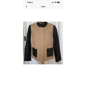 Talbots 14WP Beige/Black Jacket Colorblock Faux Leather Wool Blend Dressy Tweed